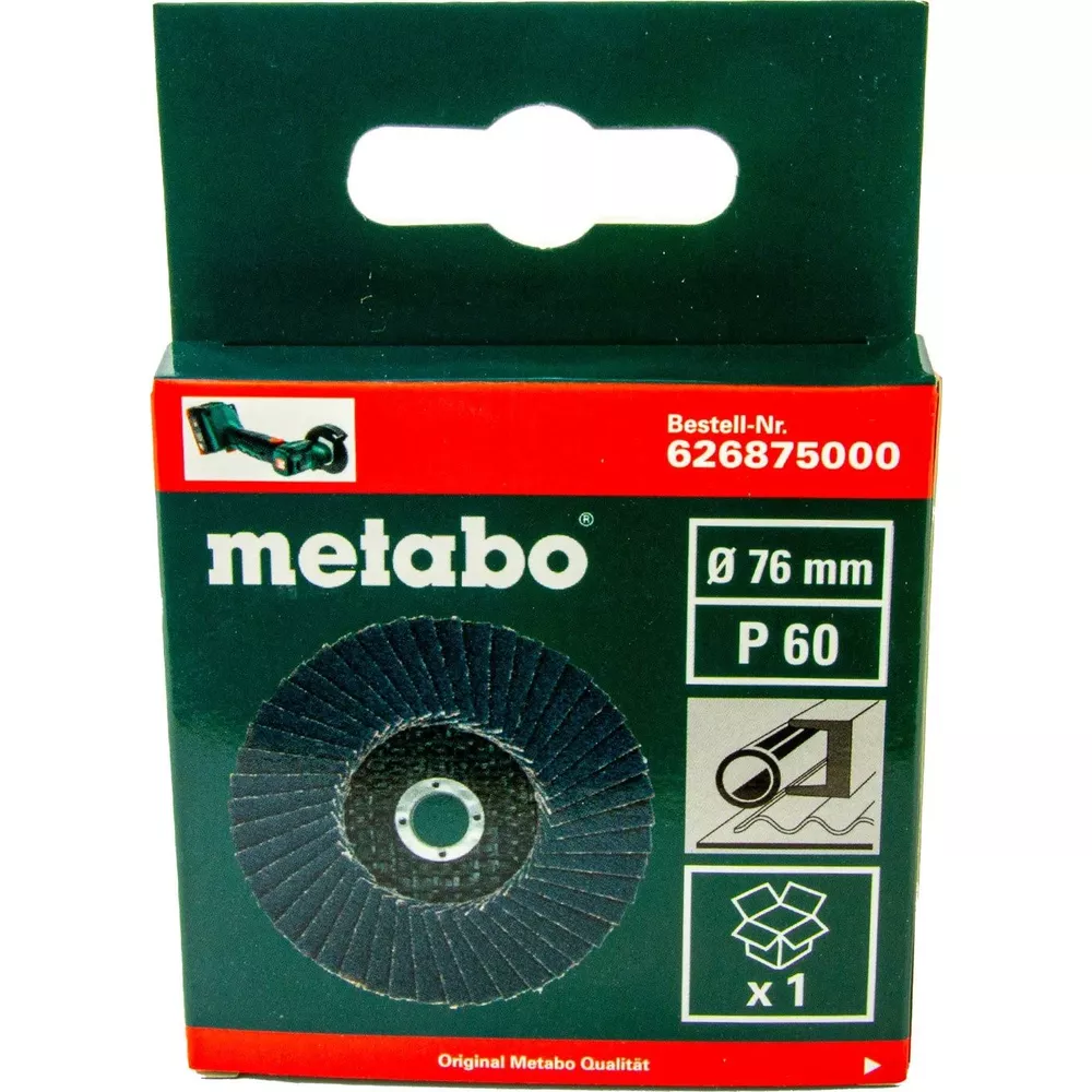 Verpackung einer Metabo Schleifscheibe, 76 mm Durchmesser, P 60 Körnung.