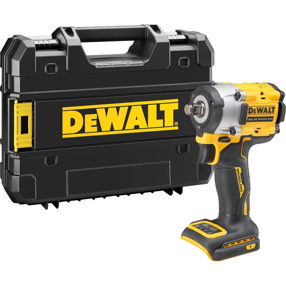 Ein gelber und schwarzer DeWalt-Schlagschrauber liegt neben seiner schwarzen Aufbewahrungskiste mit gelbem Logo.