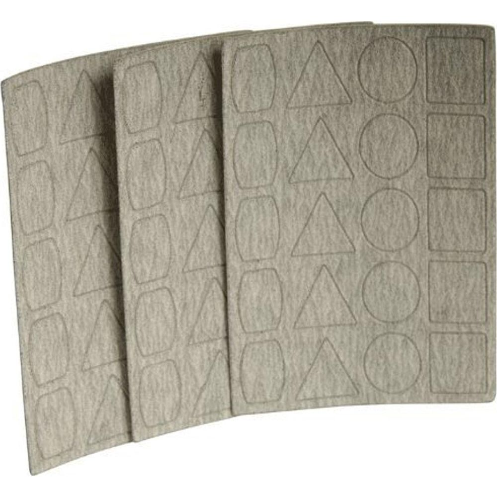 Drei graue Bögen mit eingeprägten geometrischen Formen: Dreiecke, Ovale, Kreise und Quadrate.