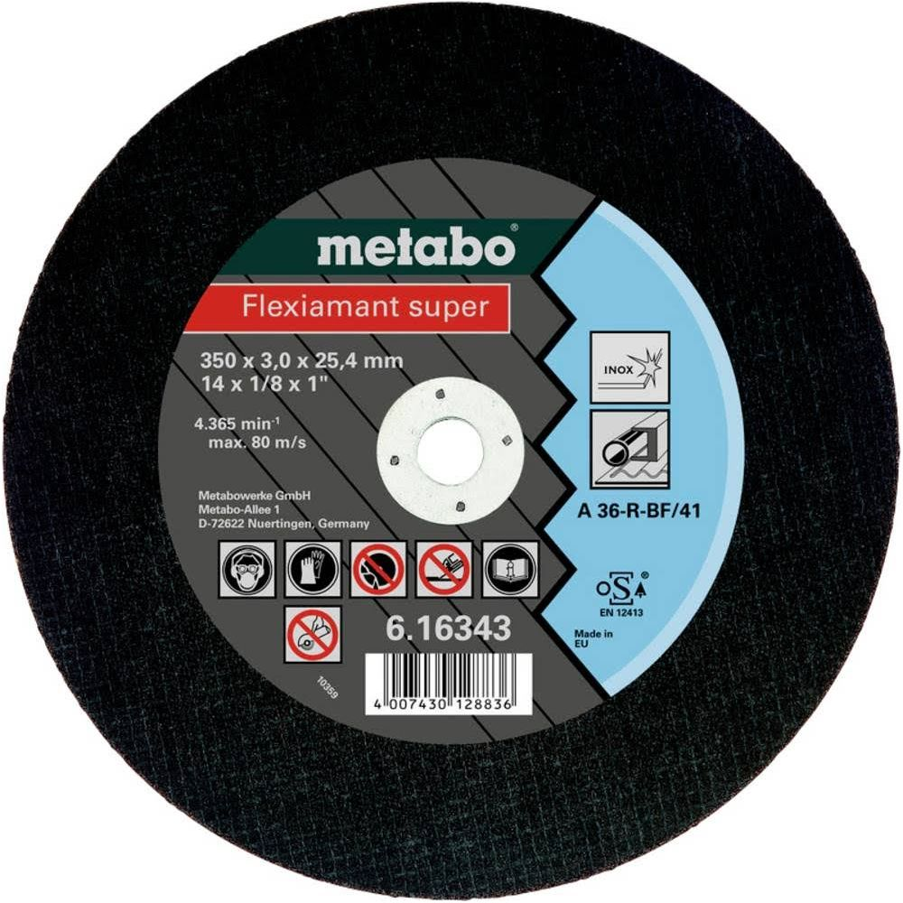Metabo Trennscheibe mit Aufdruck: Flexiamant super, Maße, Drehzahl, Hersteller.