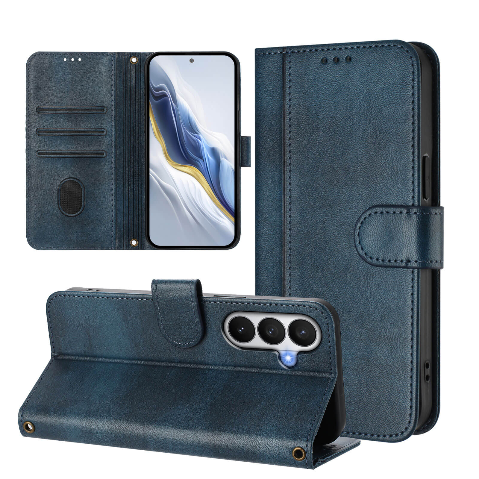 Una custodia per telefono in pelle blu, mostrata aperta e chiusa.