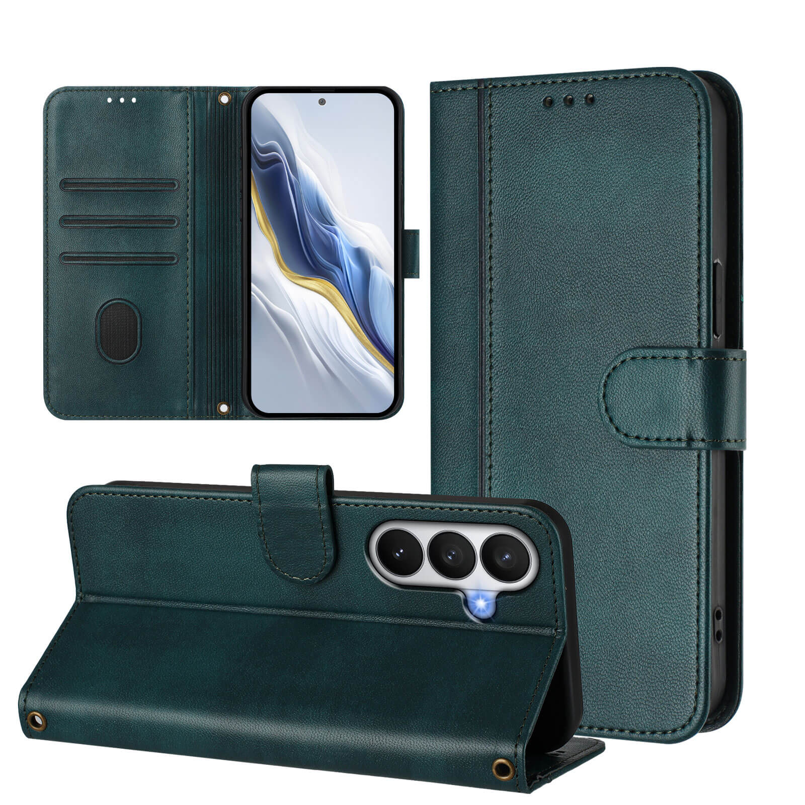 Custodia in pelle verde scuro per telefono, aperta, mostra slot per carte e tre fotocamere.