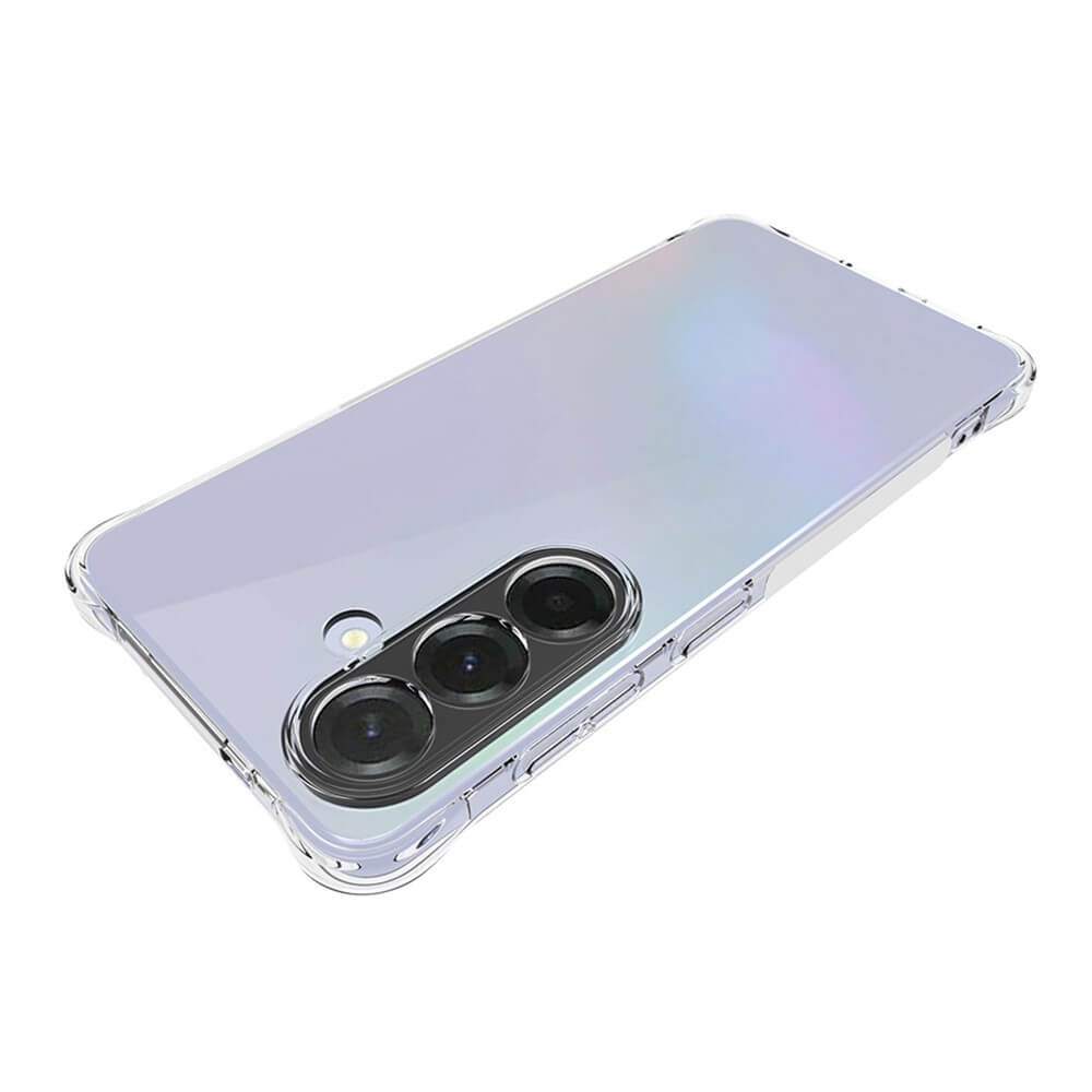 Custodia trasparente per telefono con tripla fotocamera su sfondo bianco.