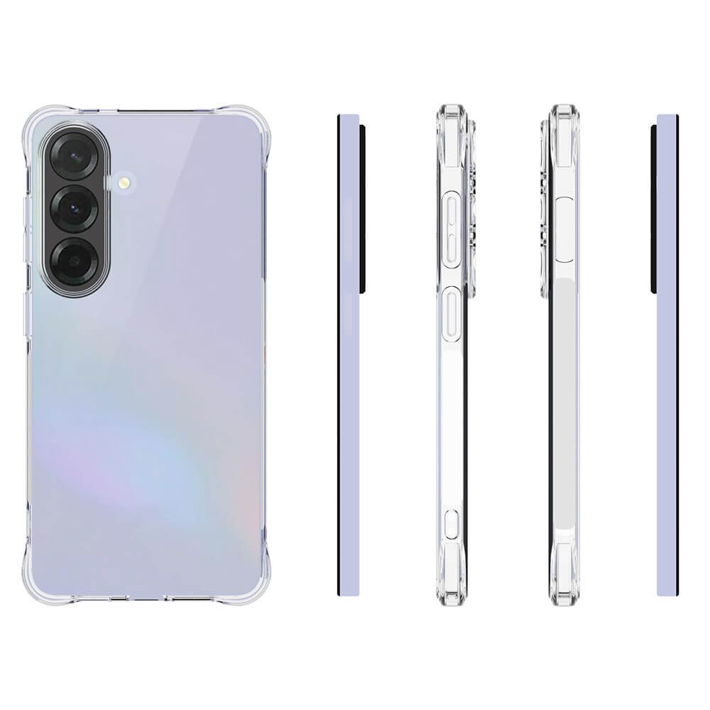 Smartphone viola con tre fotocamere, retro mostrato in custodia trasparente.