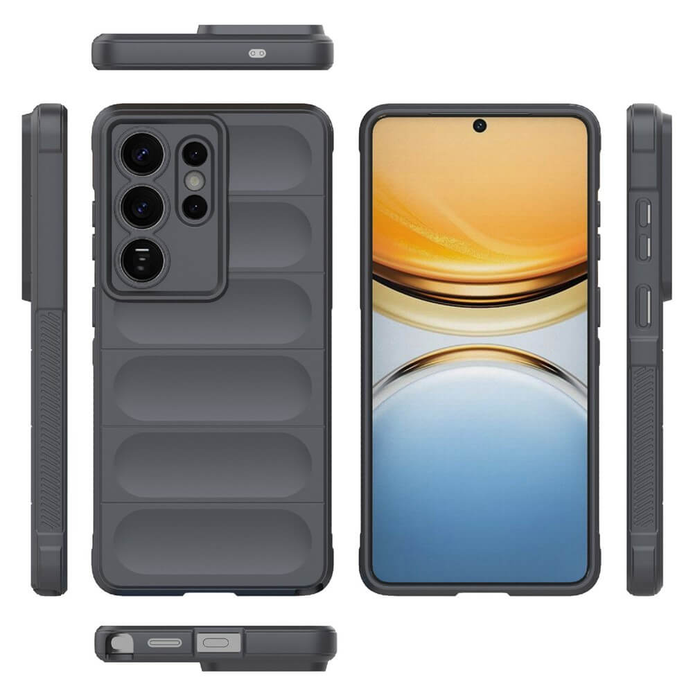 Custodia grigia per telefono con protezione fotocamera e scanalature orizzontali, viste frontali e laterali.