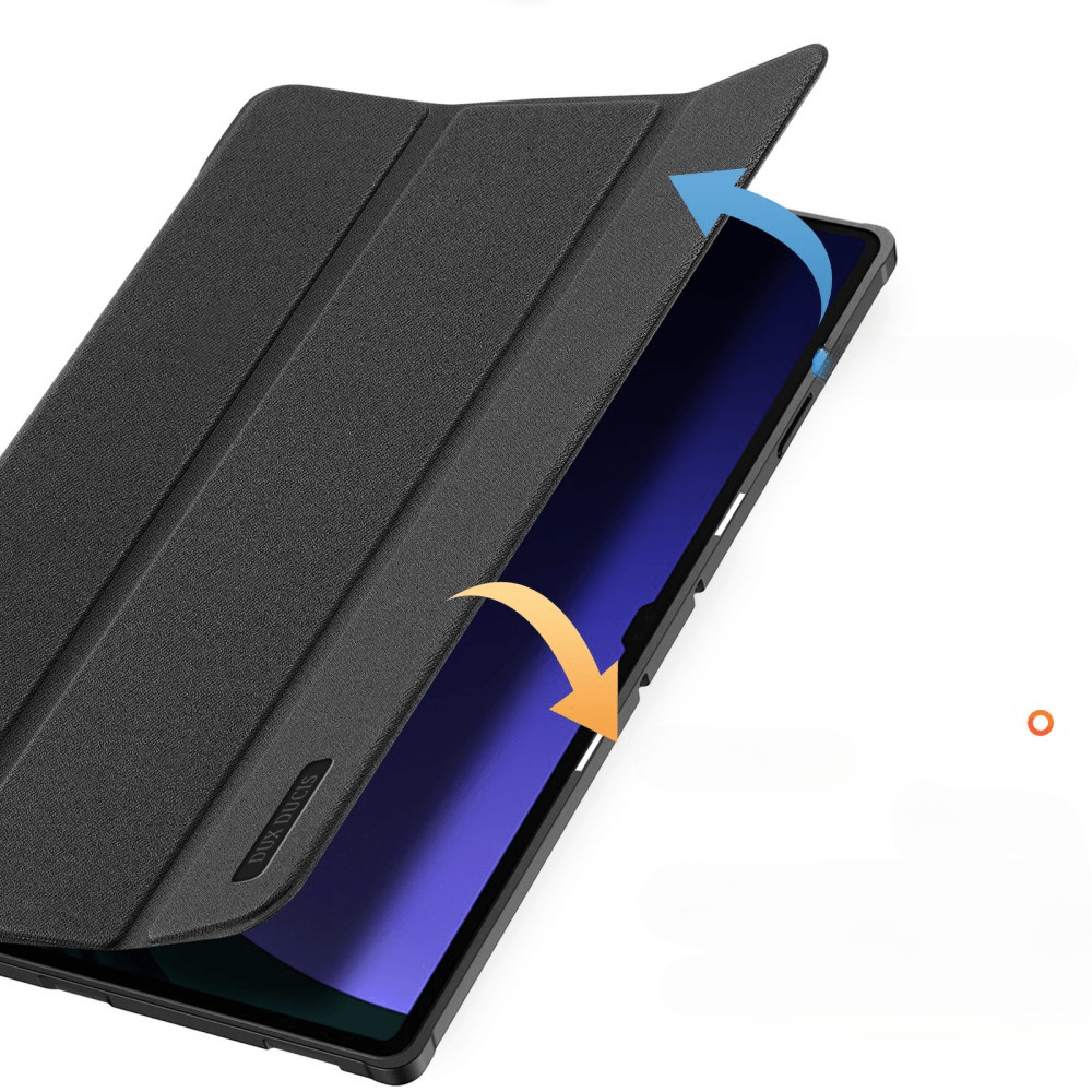 Schwarze Tablet-Hülle mit aufklappbarem Deckel und Pfeilen, die Öffnungsrichtung anzeigen.