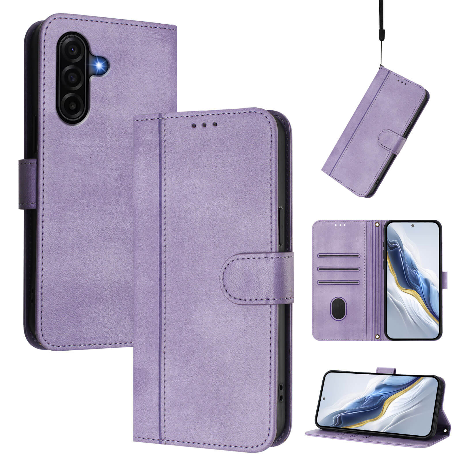 Custodia per telefono in pelle viola con ritaglio fotocamera. Mostra la custodia aperta, chiusa e con telefono.