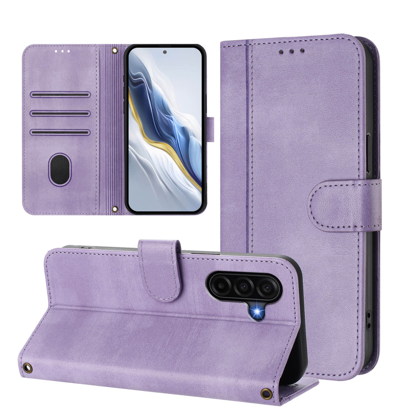Custodia viola per telefono mostrata aperta e chiusa con telefono.