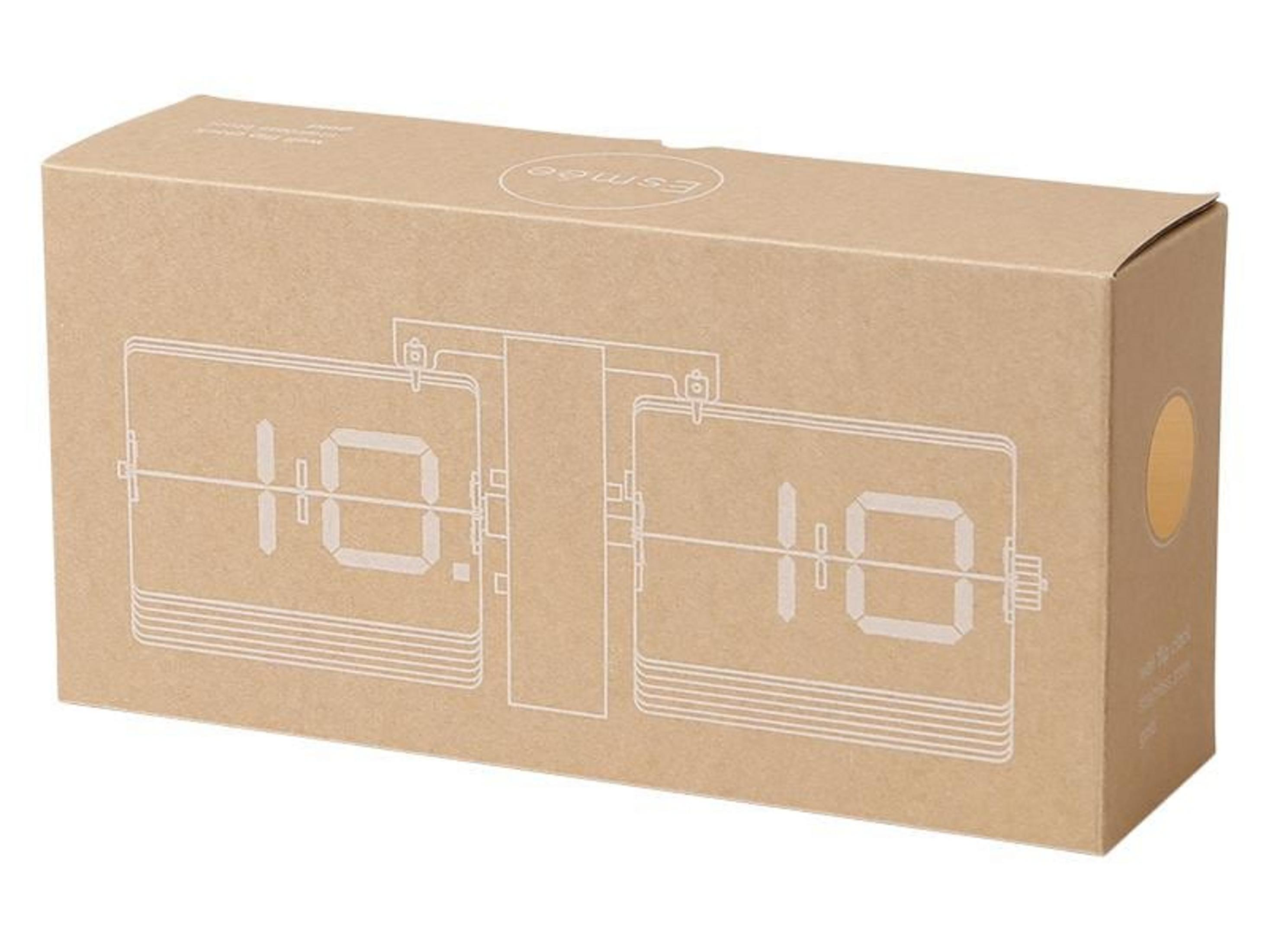 Boîte en carton marron avec dessin au trait blanc d'une horloge à bascule.