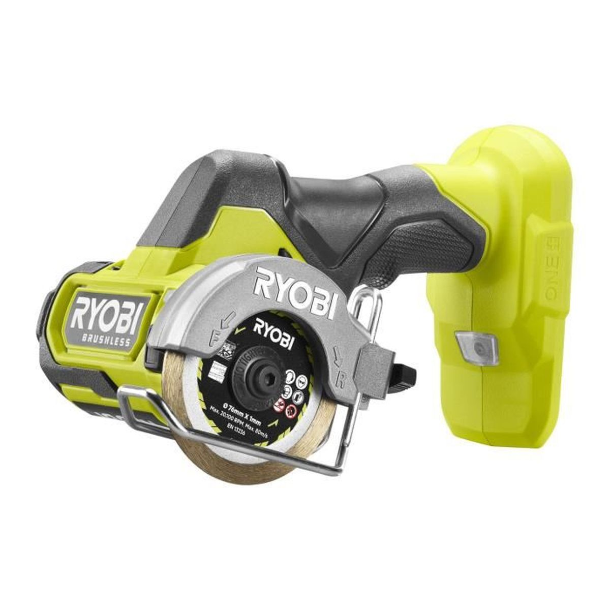Une scie circulaire sans fil Ryobi verte et grise avec lame de 76mm.