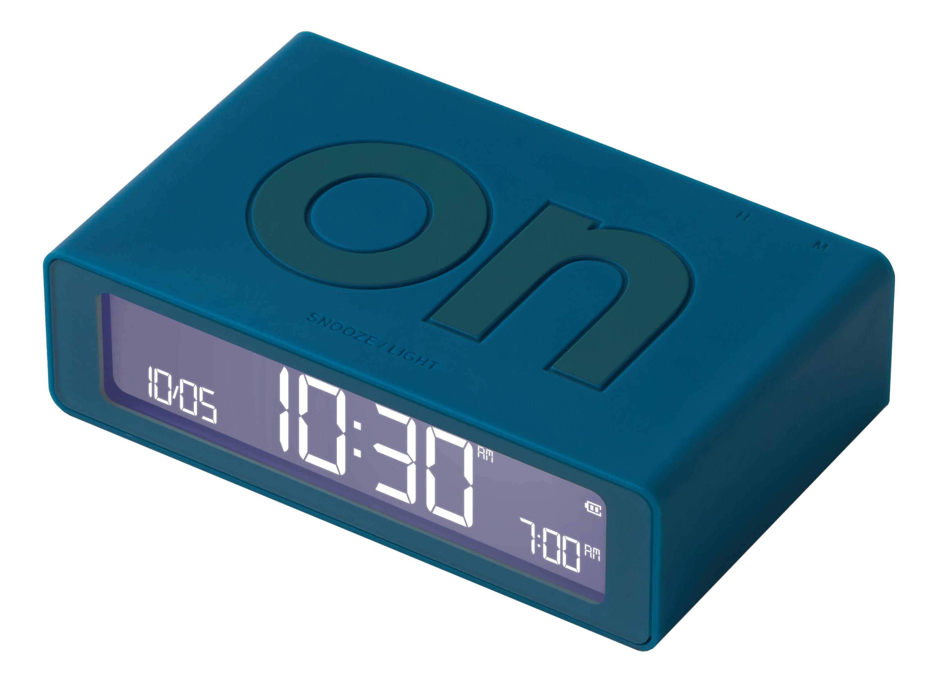 Ein blauer Digitalwecker mit der Aufschrift "on" und Anzeige 10:30.