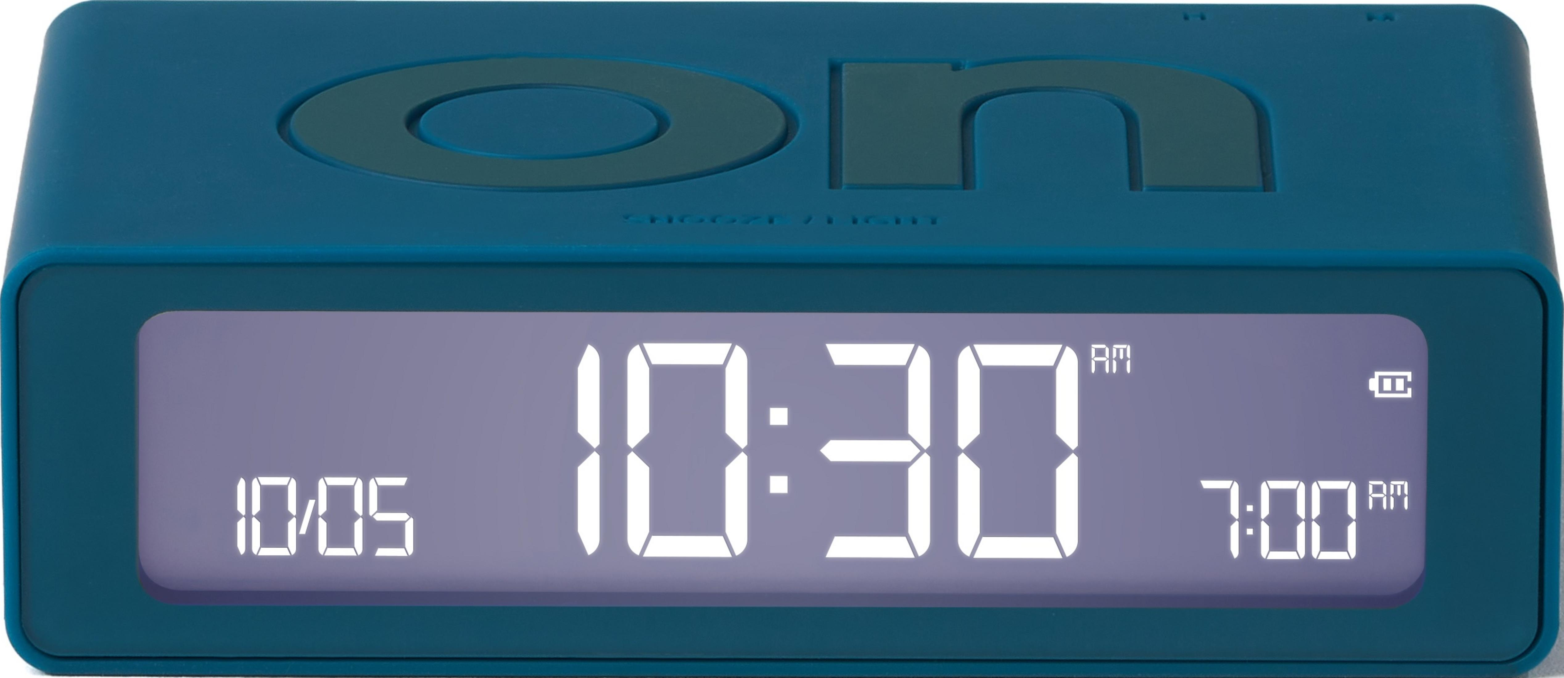 Ein blauer Digitalwecker zeigt 10:30 Uhr und 7:00 Uhr an.