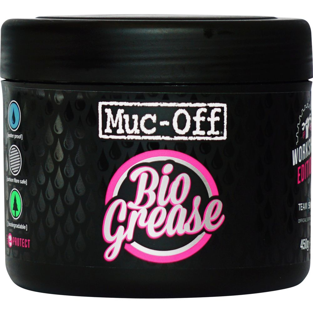 Schwarzer Behälter mit Muc-Off Bio Grease Aufschrift, inklusive Icons.
