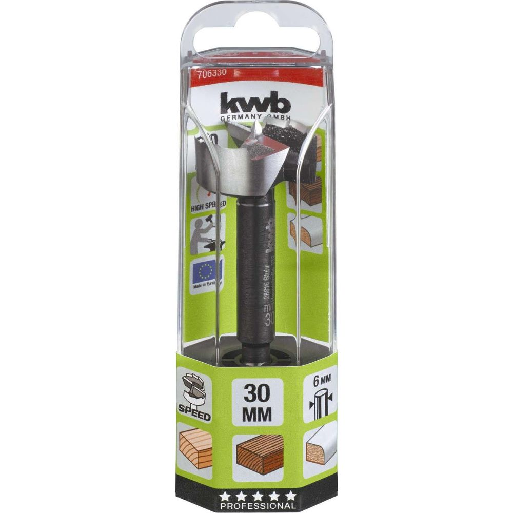 Ein KWB 30mm Holzbohrer in Verpackung mit Symbolen für Geschwindigkeit und Holzbearbeitung.