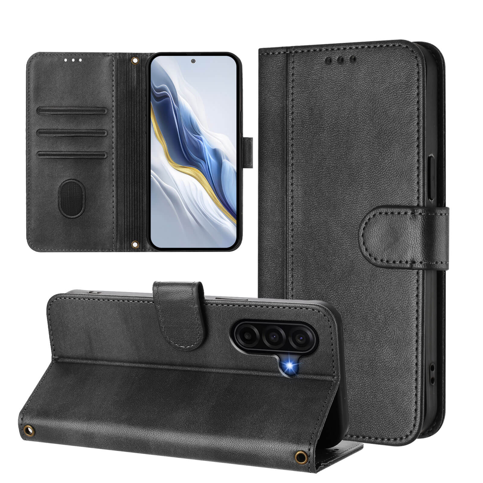Custodia a libro nera in pelle per telefono con slot per carte e vista fotocamera.