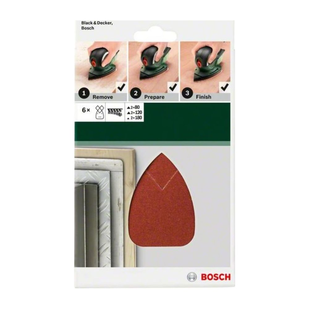 Black & Decker Bosch Verpackung zeigt Schleifer und drei Schritte: entfernen, vorbereiten, fertig.