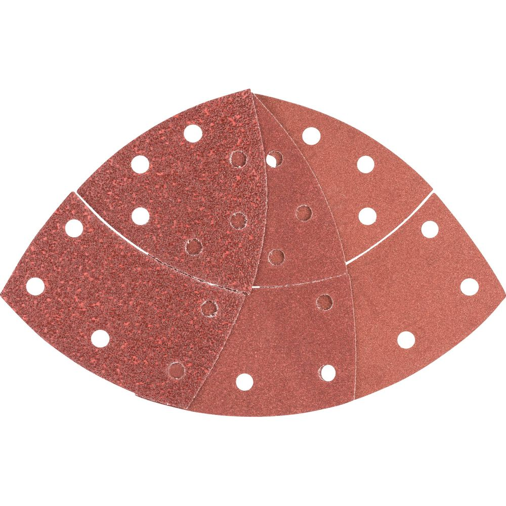 Rote Schleifpapier-Dreiecke mit Löchern, auf weißem Hintergrund.