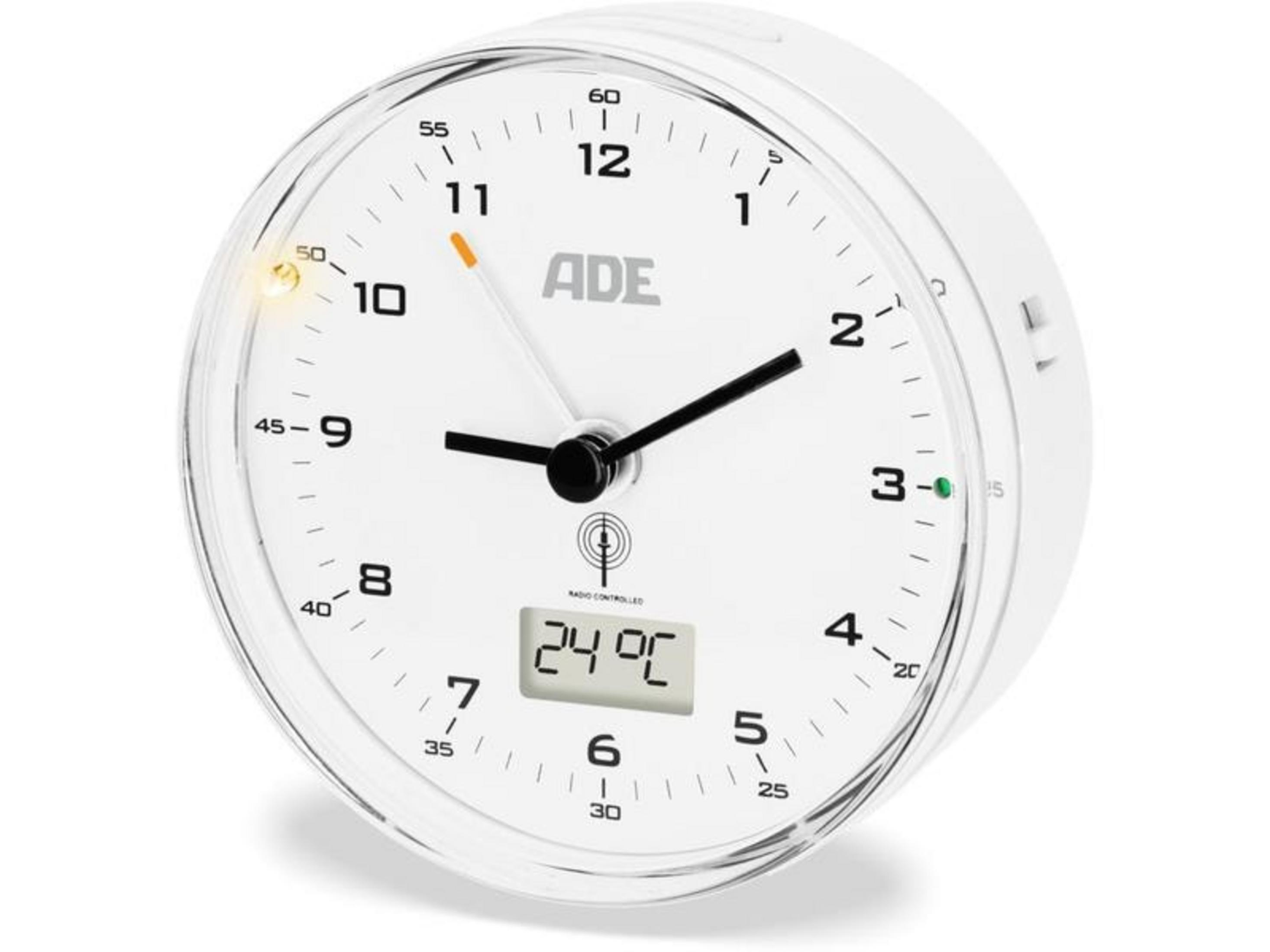 Weier Funkwecker von ADE mit digitaler Temperaturanzeige.