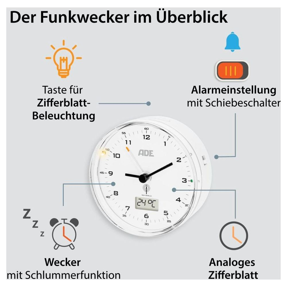 Ein weißer Funkwecker mit analogem Zifferblatt und digitaler Anzeige.