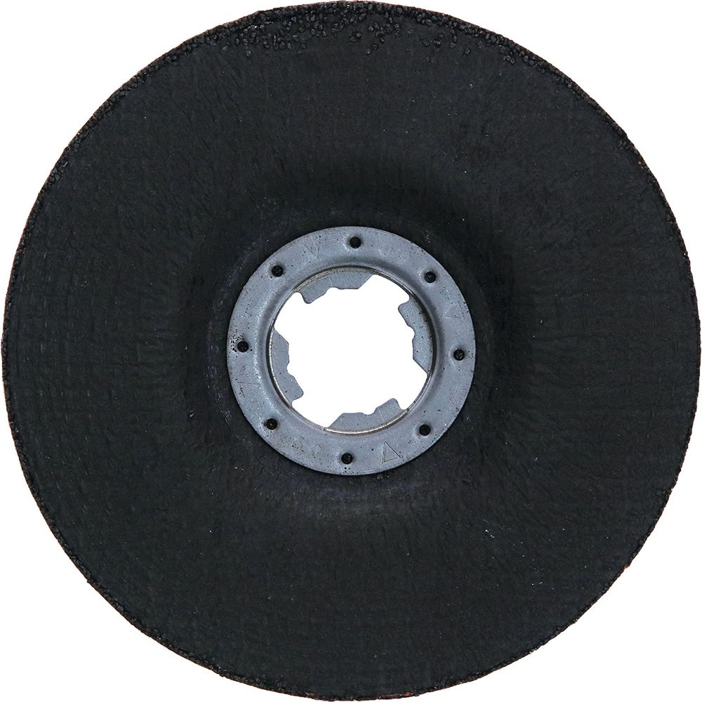 Schwarze Schleifscheibe mit zentralem Metallring und Befestigungslöchern.