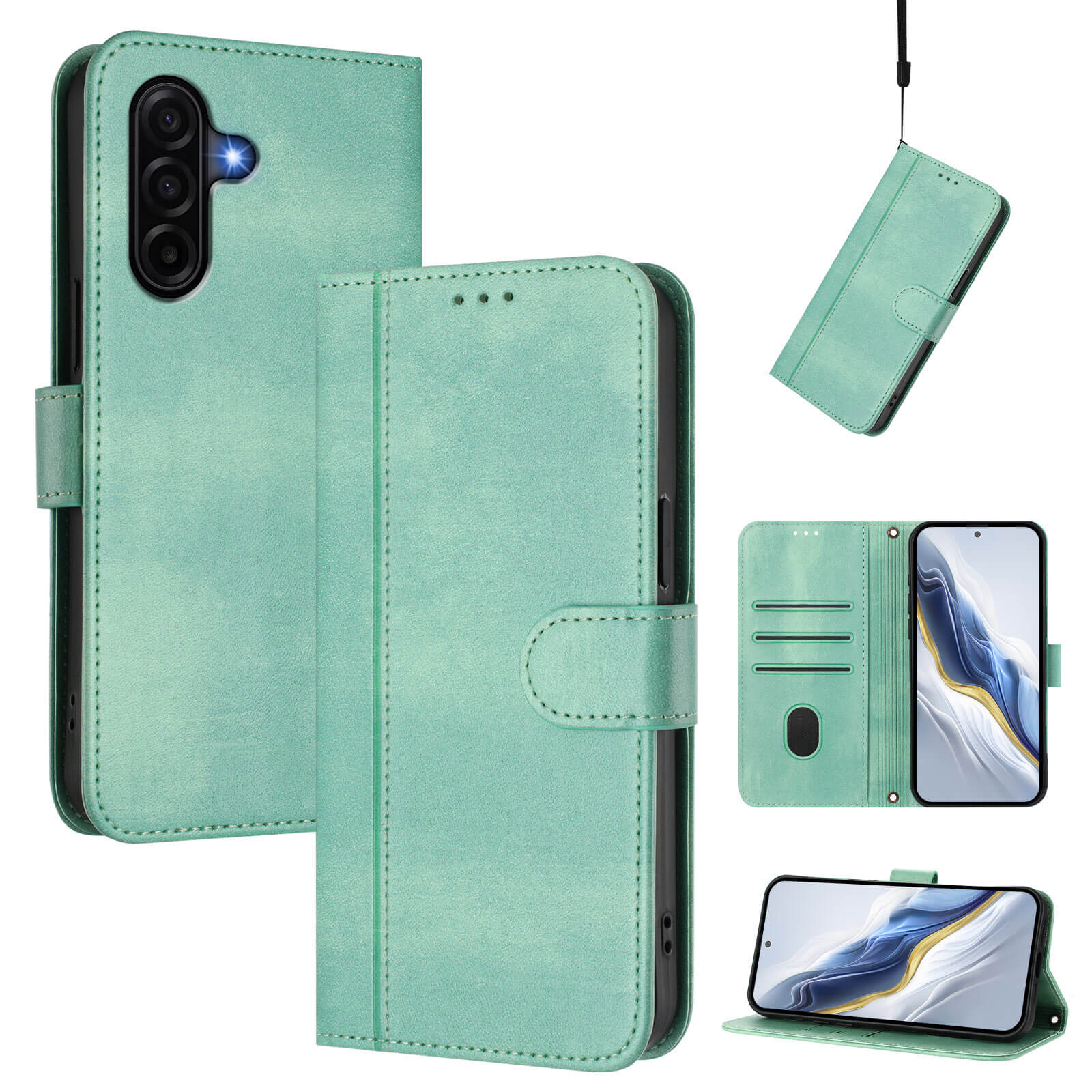 Ein mintgrüner Handy-Brieftaschen-Ständer mit Kameraschutz und Schlaufen.