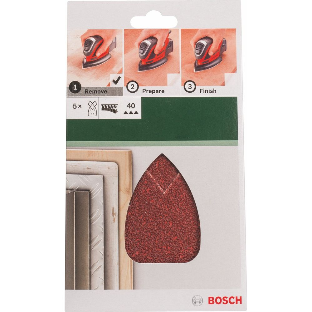 Bosch Schleifpapierpackung: 5x Deltaschleifpapier, Körnung 40. Anleitung gezeigt.