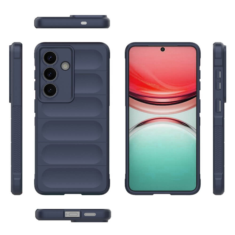 Coque de téléphone bleu foncé vue sous plusieurs angles, dos avec module caméra.