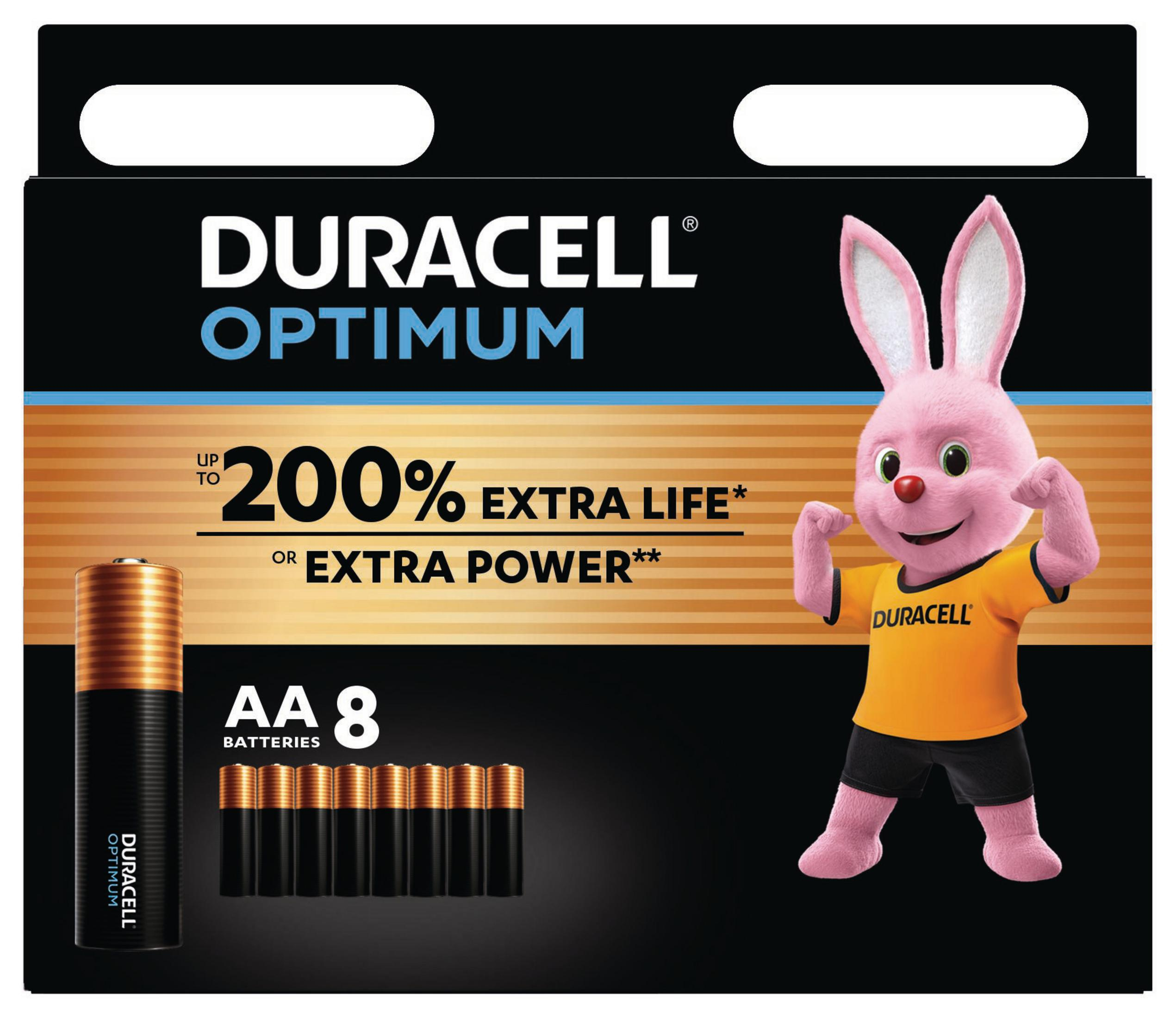 Baterie Duracell Optimum AA: opakowanie 8 sztuk z różową maskotką królika i grafiką mocy.