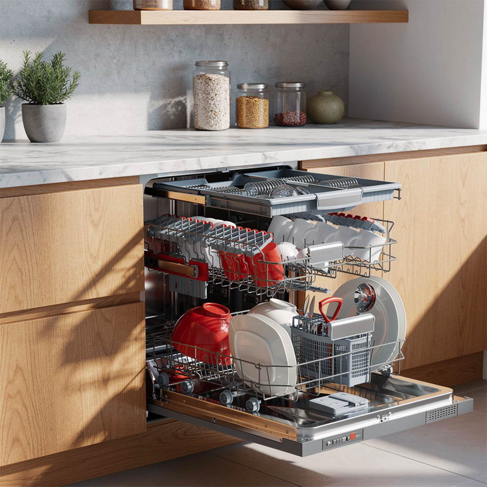 Open dishwasher with red and white dishes, bowls, and glasses neatly arranged.