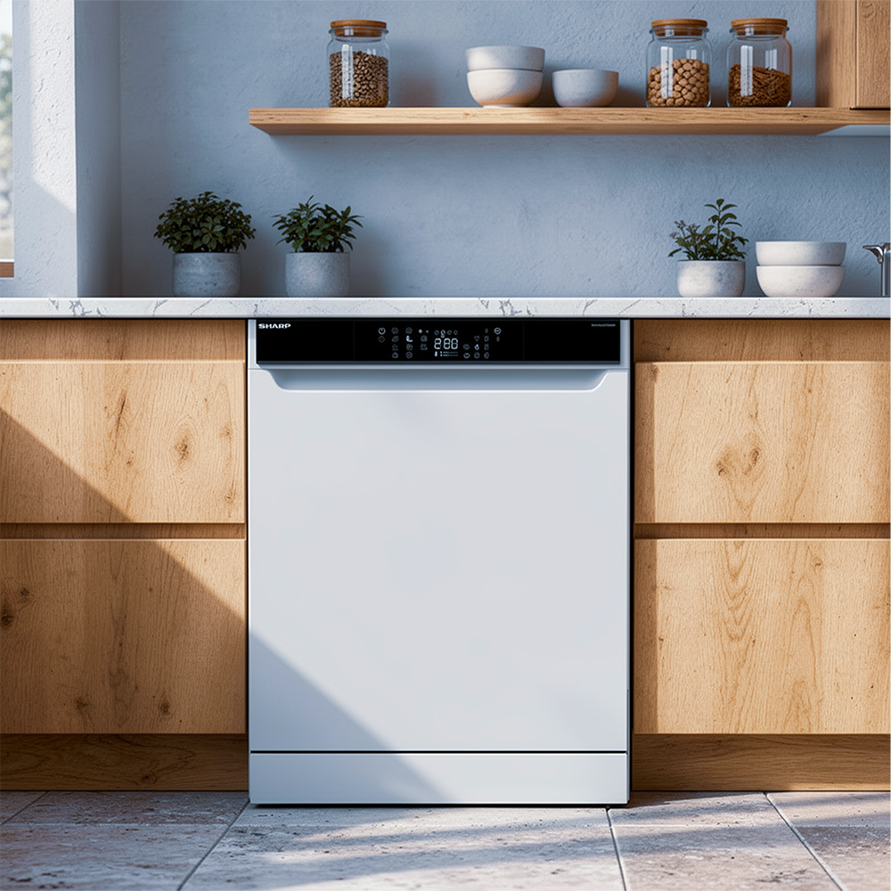 A white dishwasher with wooden cabinets, plants, and jars on a shelf.