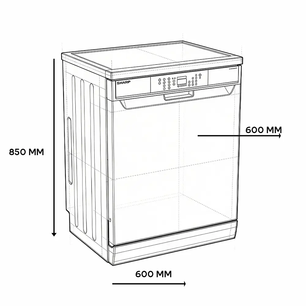 A schematic drawing of a SHARP dishwasher with dimensions.