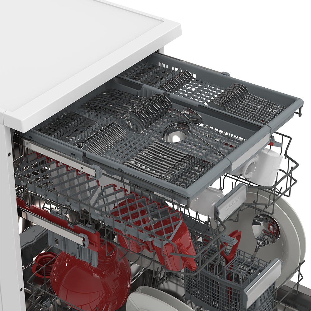 Open dishwasher with full load of cutlery, cups, and red plastic items.