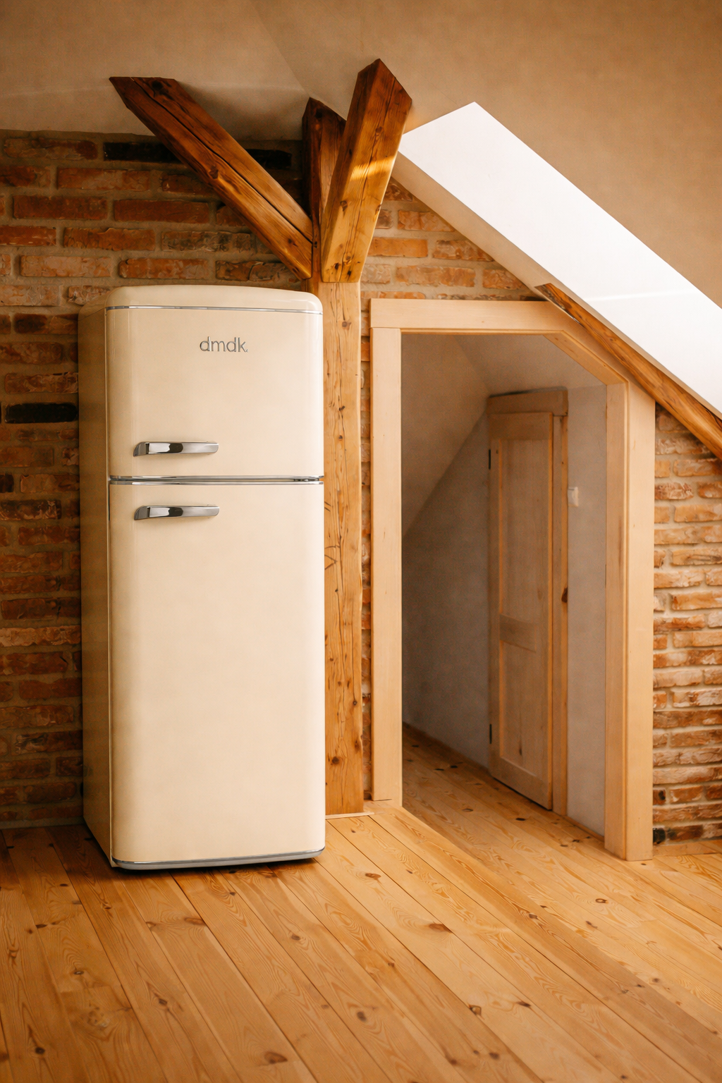 Un réfrigérateur de couleur crème se trouve sur un plancher en bois à côté d'un mur de briques et d'une porte.