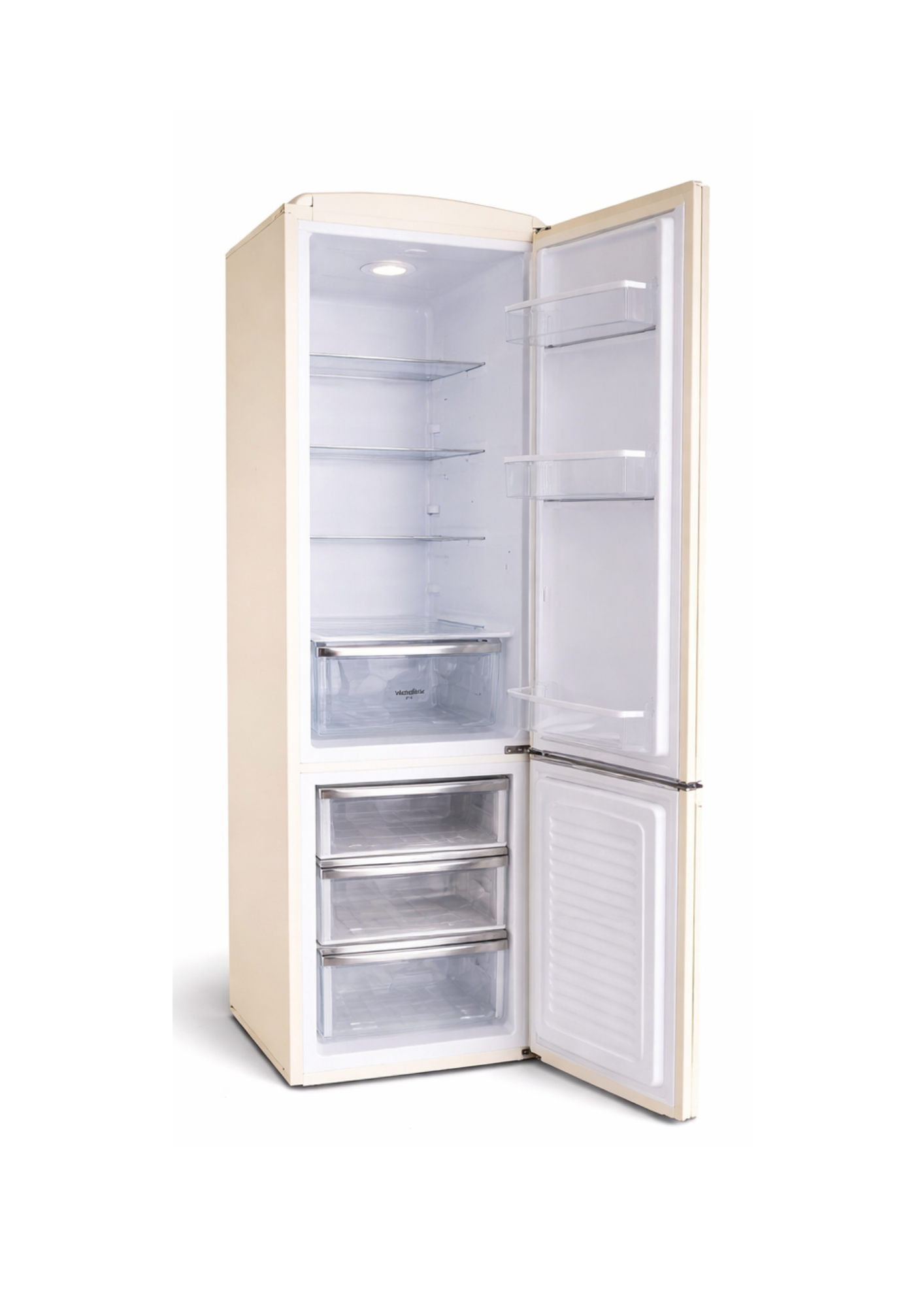 Un refrigerador abierto de color crema con estantes y cajones.