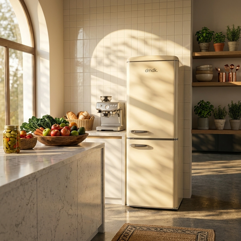 Una nevera retro color crema se encuentra en una cocina soleada con frutas y verduras en el mostrador.