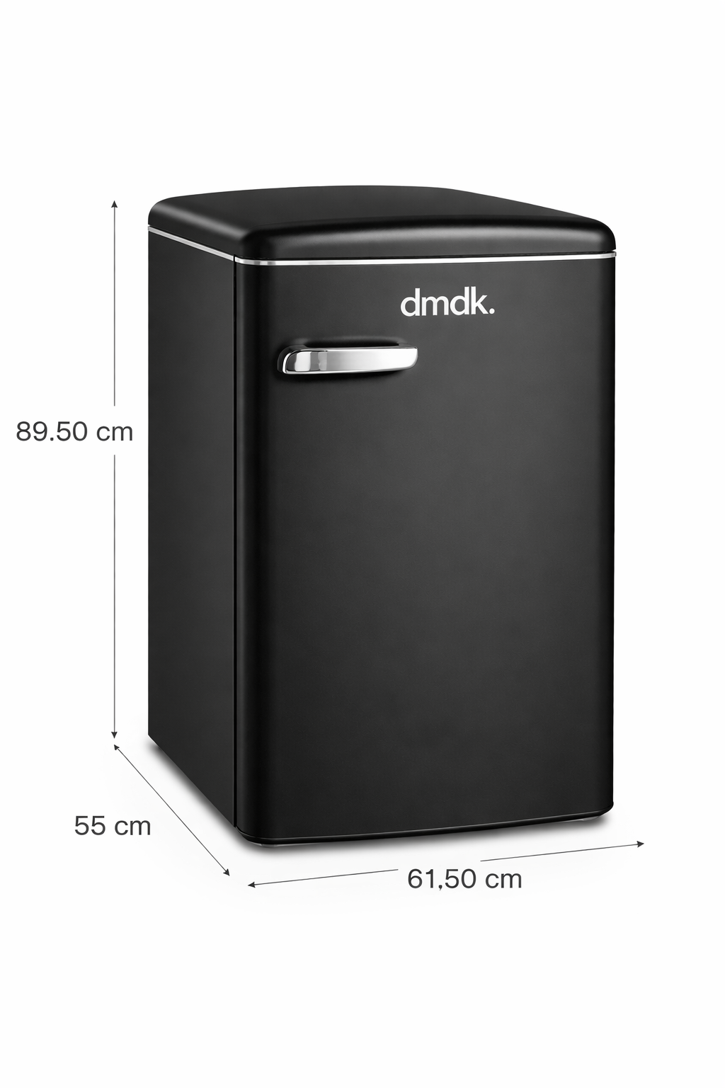 Black retro-style refrigerator with chrome handle and dimensions.