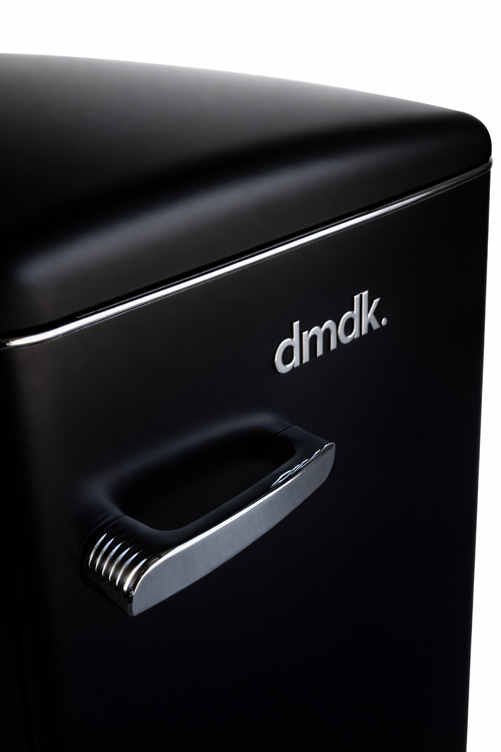 Black retro-style refrigerator with chrome handle and logo.