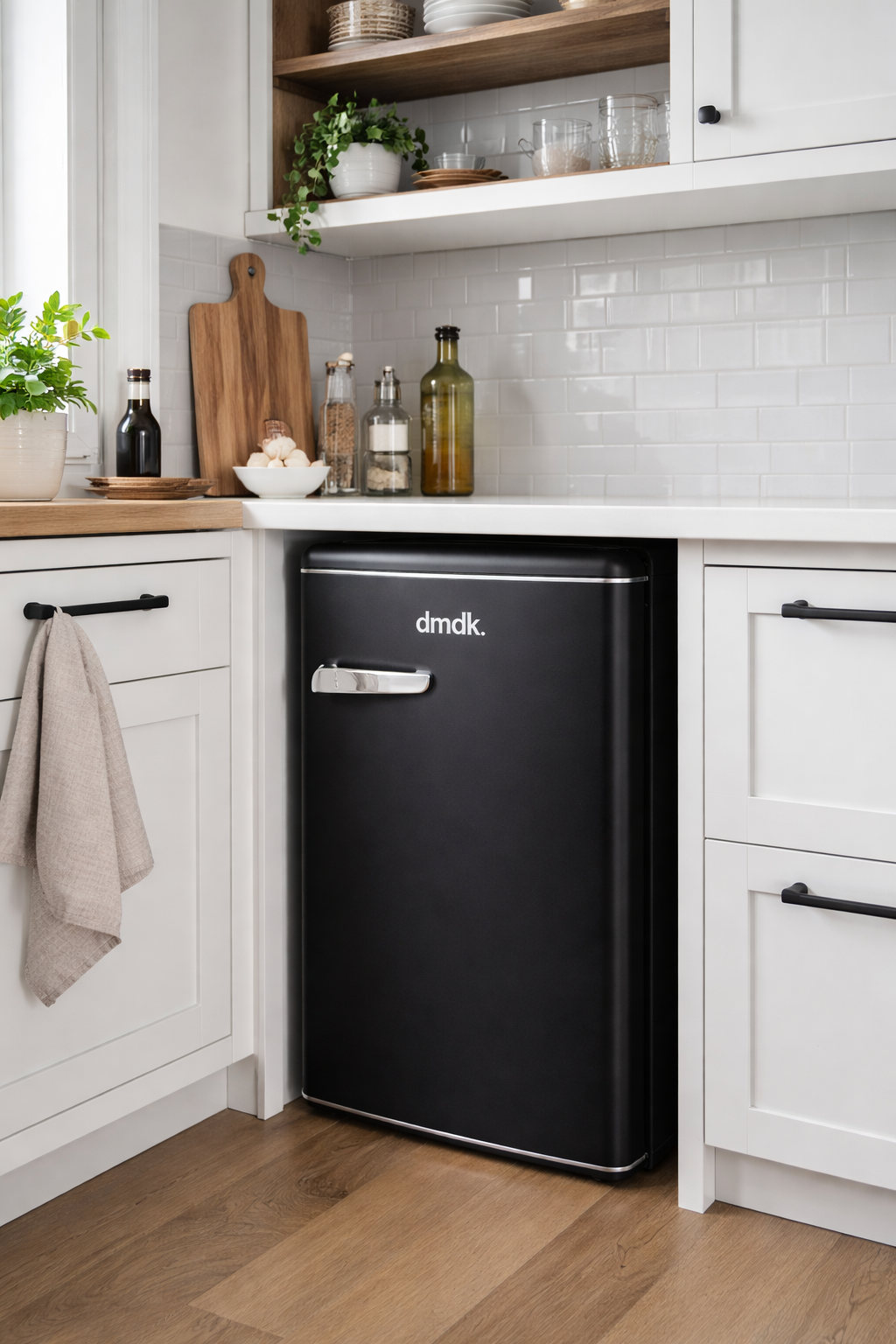 A small black refrigerator with a chrome handle sits under the countertop.