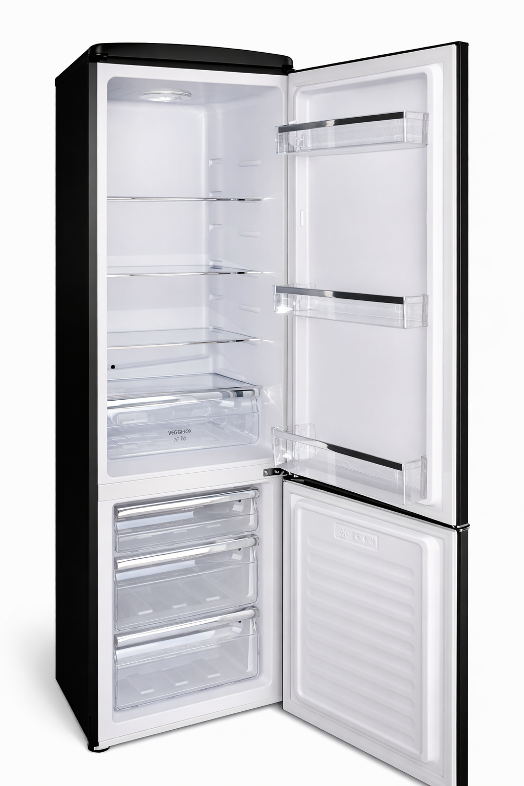 An open black refrigerator with glass shelves, drawers, and door compartments.