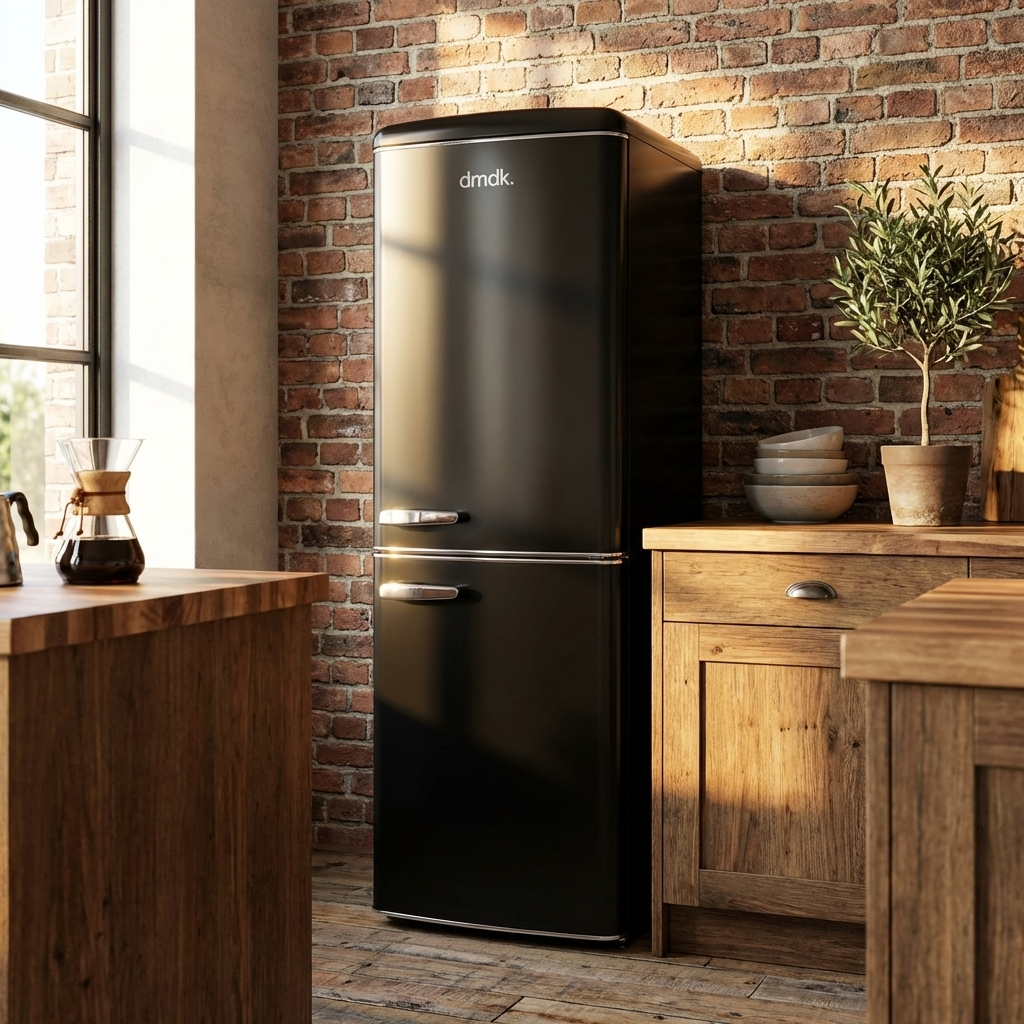 A black retro fridge stands in a kitchen with brick walls and wooden cabinets.