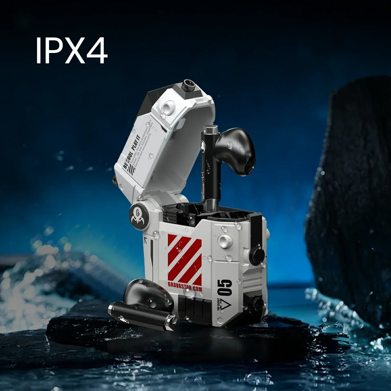 Futurystyczne białe i czarne słuchawki w otwartym etui, wodoodporność IPX4.