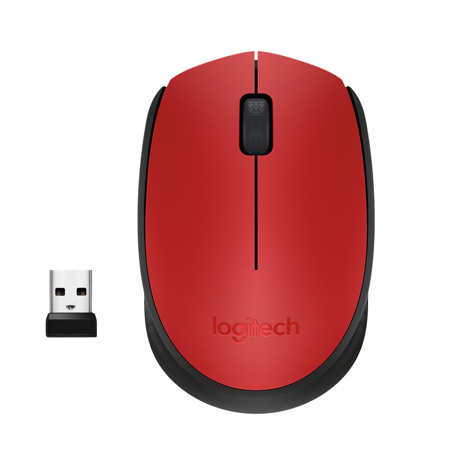 Czerwona mysz Logitech z odbiornikiem USB na białym tle.