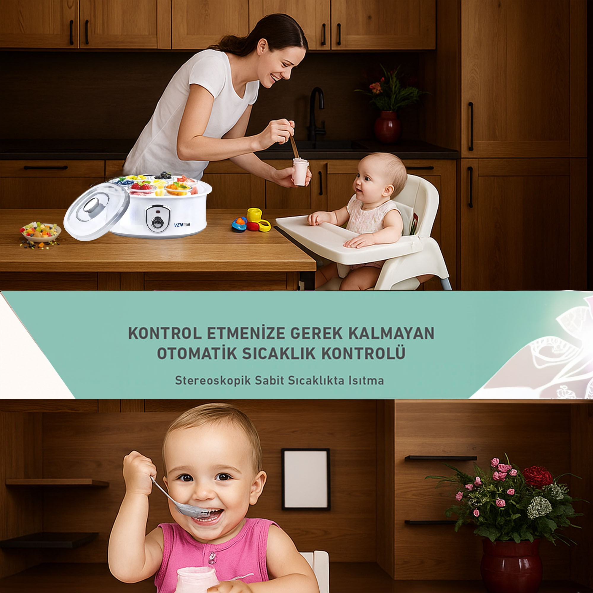 Anne bebeğe yoğurt yediriyor, yanında meyveli buharlı pişirici var.