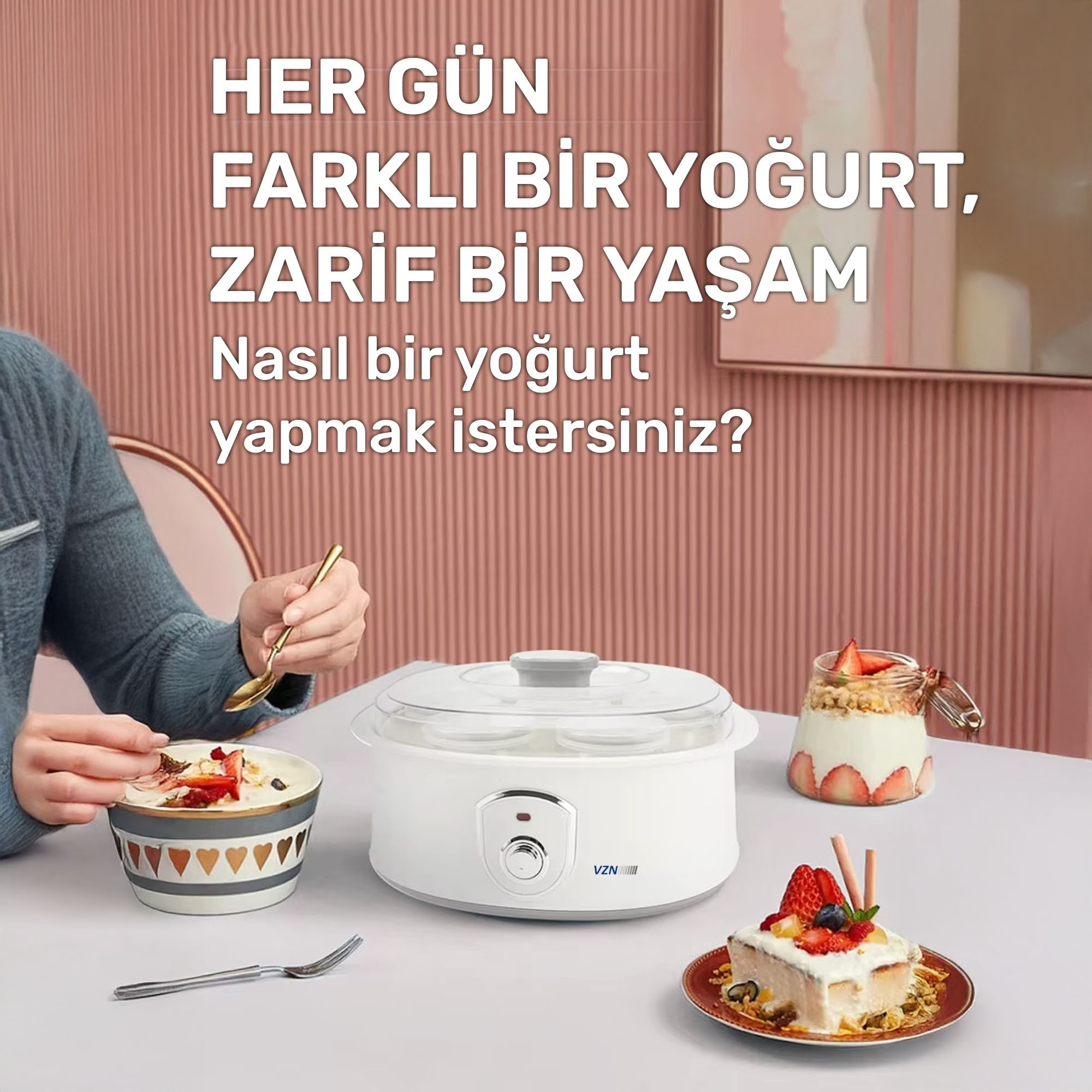 Masanın üzerinde kase, bardak ve pasta bulunan yoğurt makinesi.
