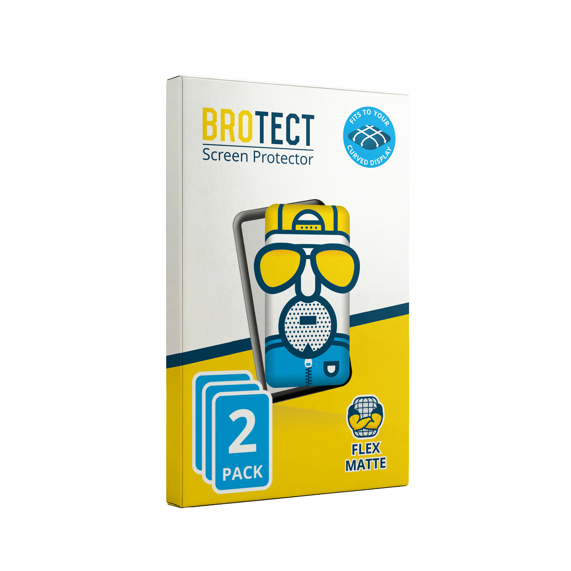 Verpackung für Displayschutzfolie mit Cartoon-Männchen und "2 PACK"-Aufdruck.