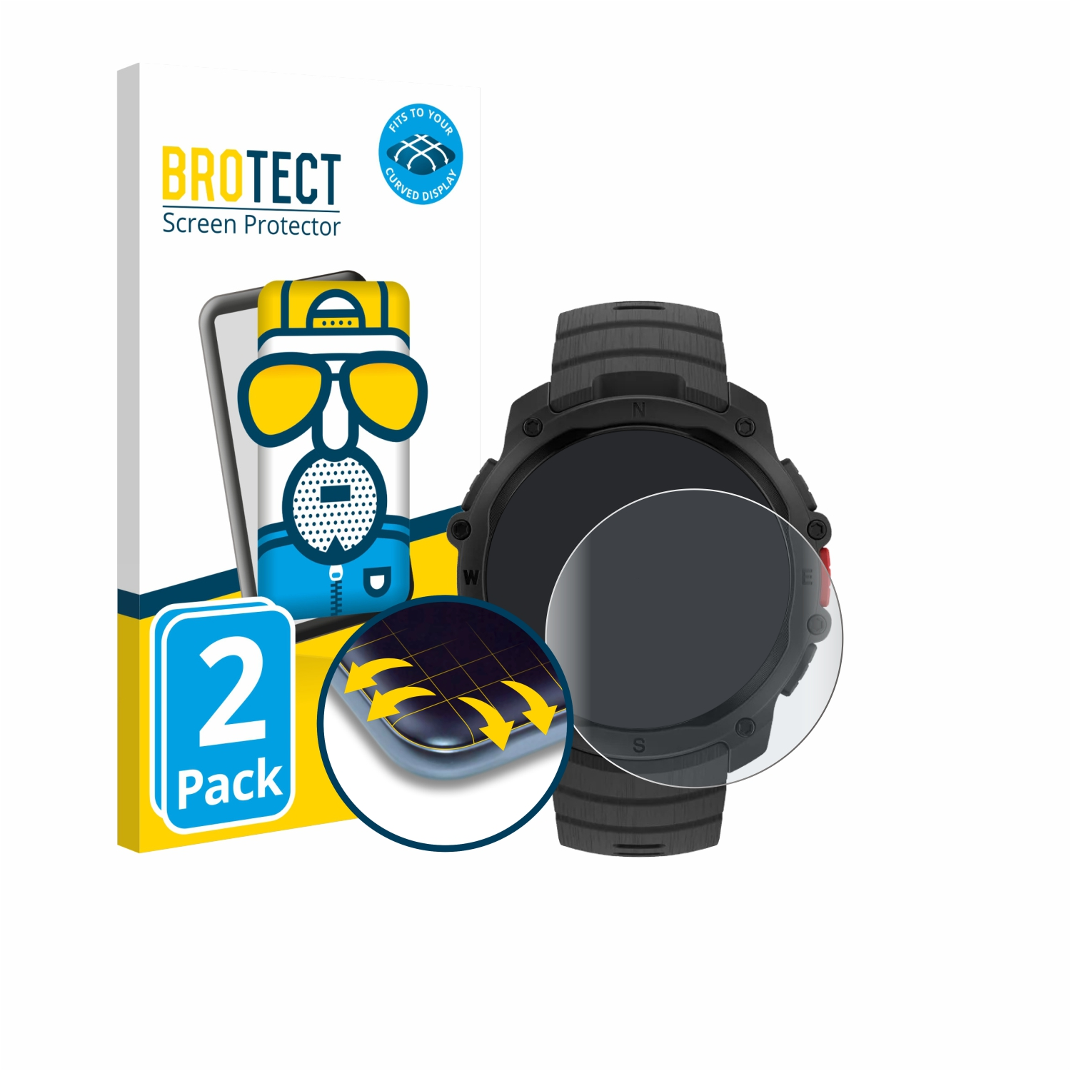 Schwarze Smartwatch mit Displayschutzfolie, Verpackung und 2er-Pack-Label.