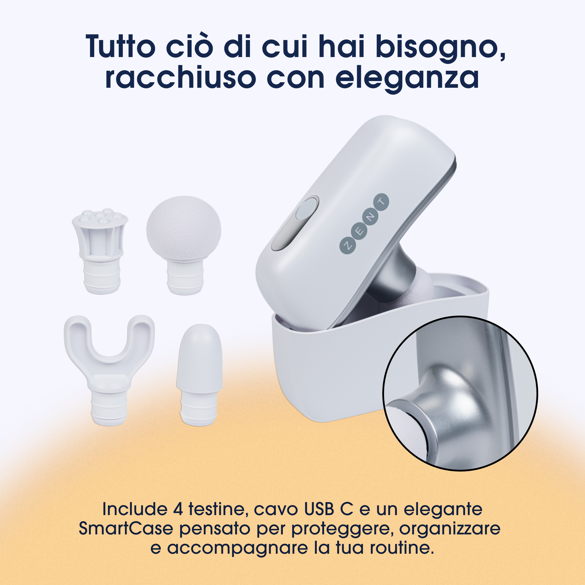 Pistola massaggiante bianca con quattro accessori e custodia di ricarica.