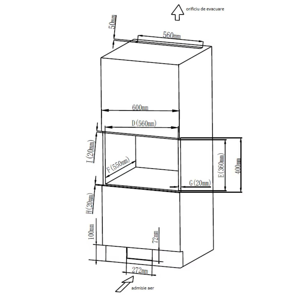 Dessin technique d'une unité de ventilation avec dimensions et indicateurs de flux d'air.