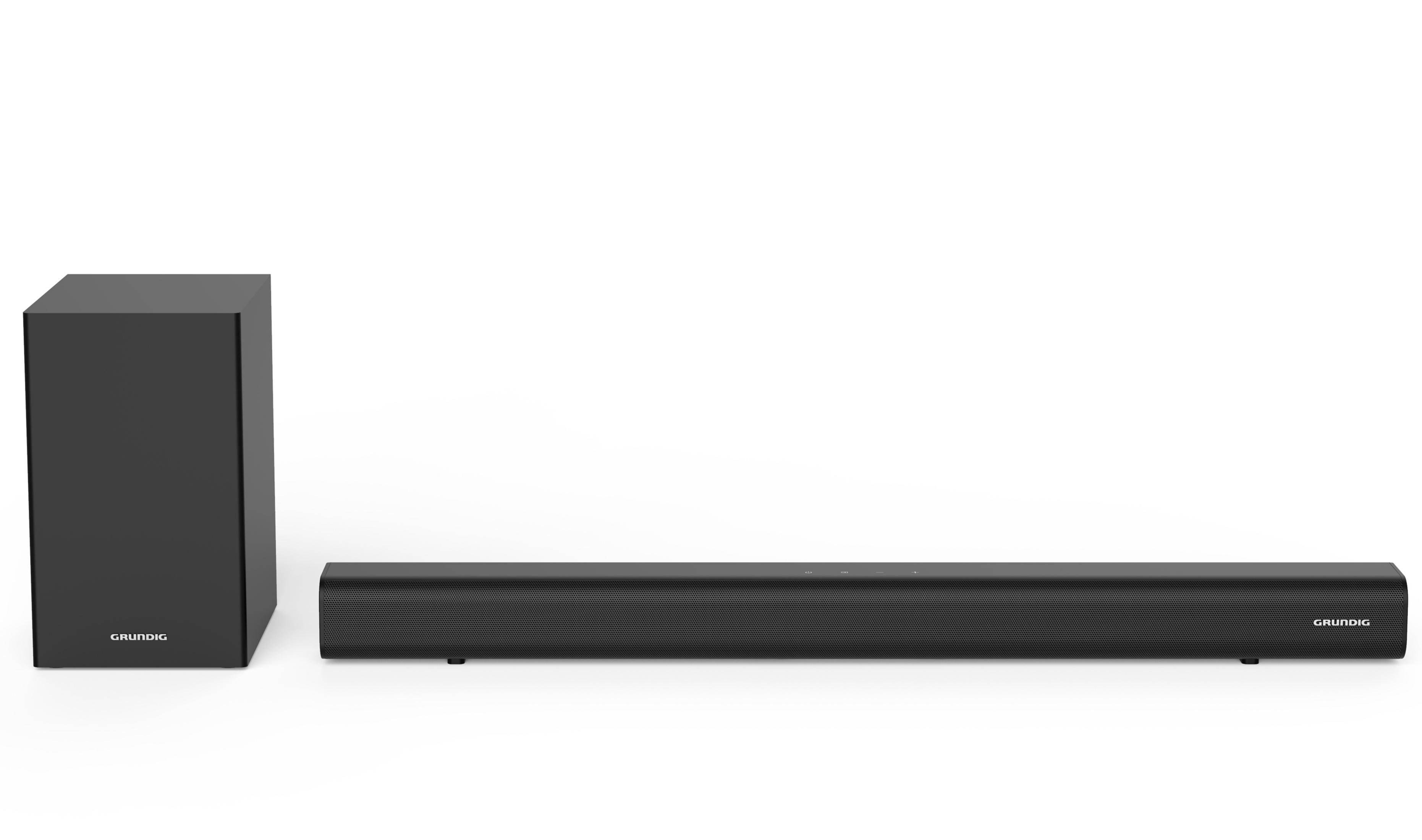 Subwoofer e soundbar neri con logo Grundig su sfondo bianco.