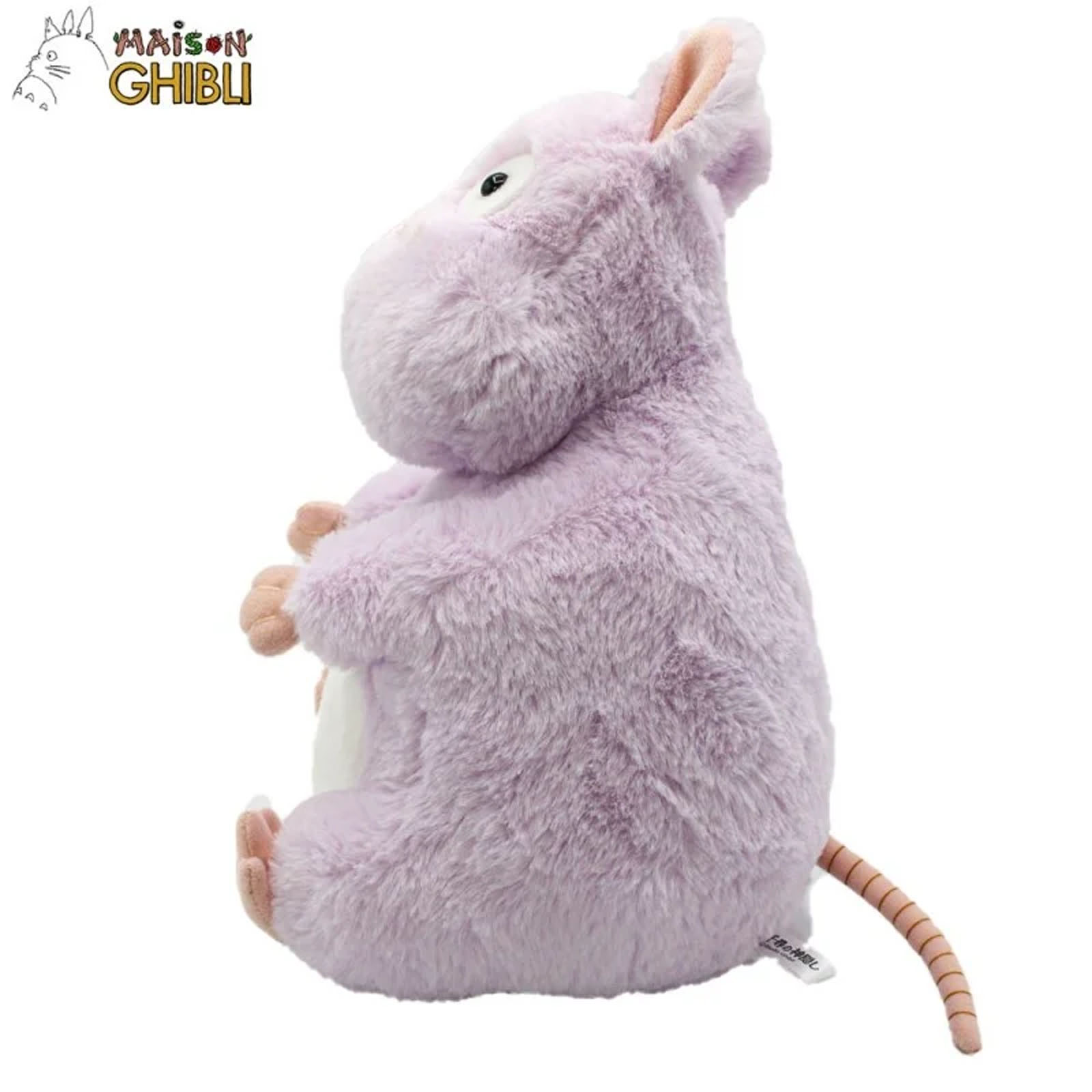 Ein lavendelfarbener Plüschtier-Maus mit Ohren und Schwanz.